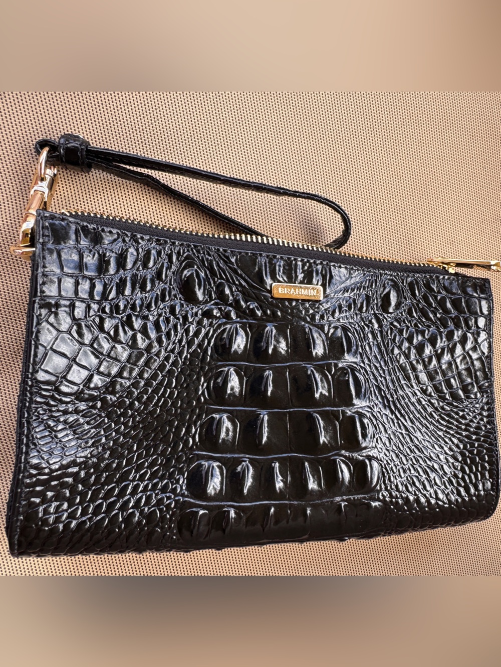Brahmin Black Melbourne Croc Embossed Leather Wristlet Clutch Zip Pouch - Picture 14 of 14